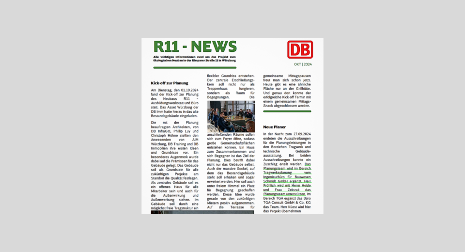 Newsletter der DB mit dem Bericht über den Neubau der Ausbildungswerkstatt und der Erwähnung des Ingenieurbüros und der Mitarbeiter